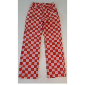 The Ragged Priest Checkered Print Straight Leg Jeans Womens 26 Orange Y2K Artsy